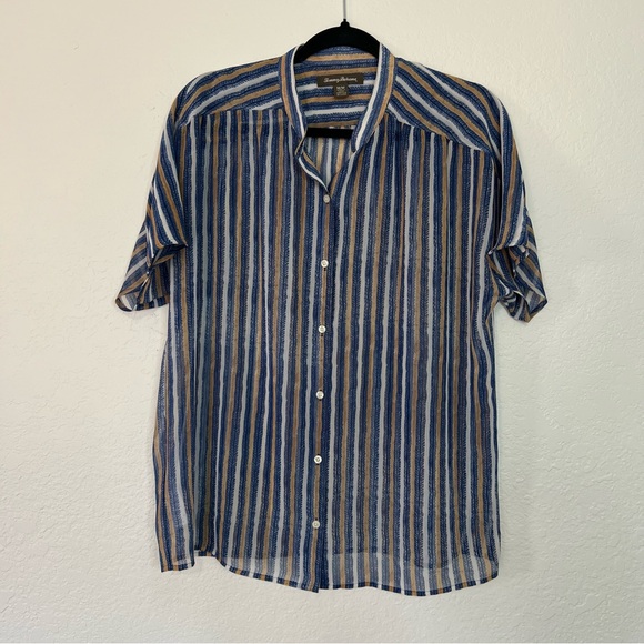 Tommy Bahama Button Up Blouse Blue & Tan Striped Sheer Top - Women’s Size Medium - Picture 1 of 7